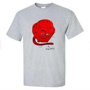 Andy Warhol Unisex Gray T-Shirt with Red Cat Design L